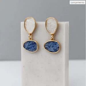 Brinco Fragmentos Cianita Azul e Selenita - Médio